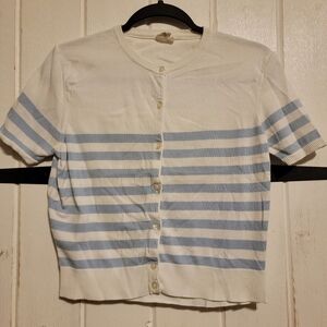 J. Crew White and Light Blue Striped Short Sleeve Cardigan